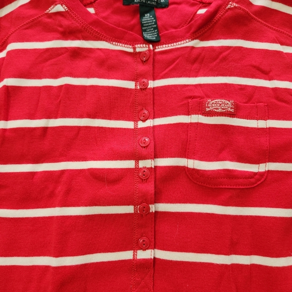Ralph Lauren Jeans Co. Red and White Striped Three Quarter Sleeve Cotton Henley - Picture 6 of 7